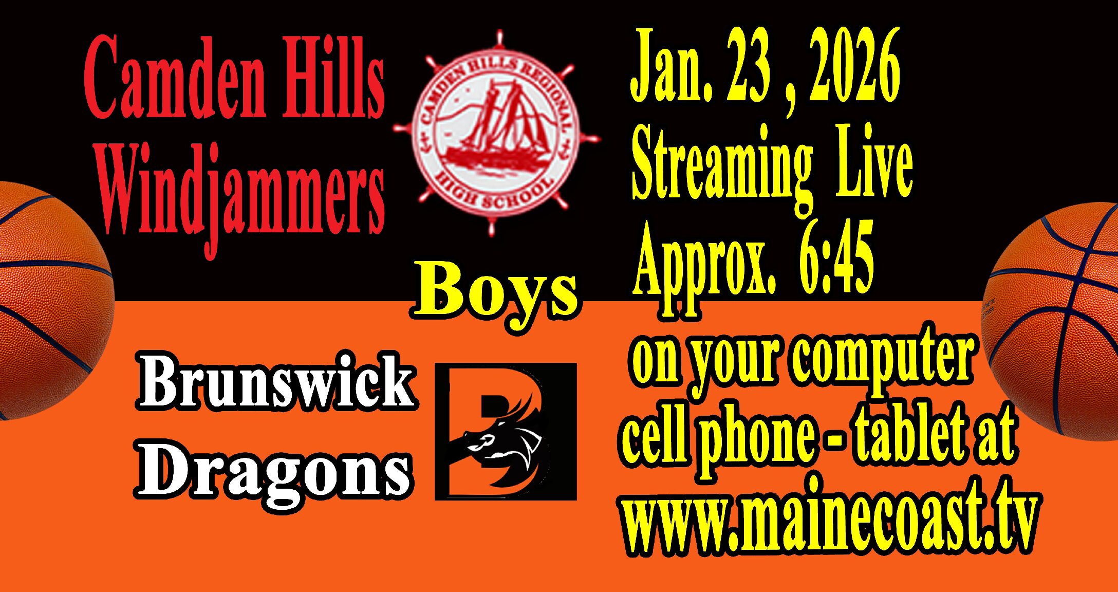 Camden Hills Boys Basketball vs Brunswick  1/23/2026    7 PM